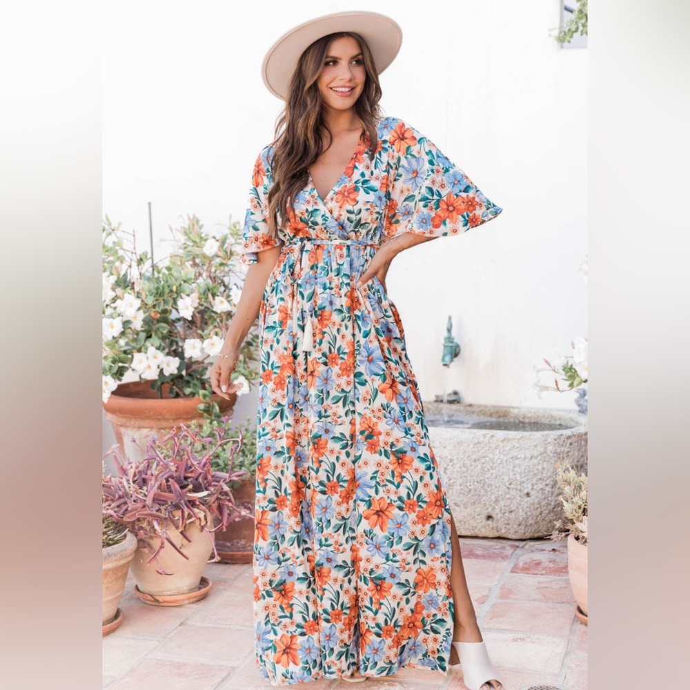 Pink Lily Floral Lightweight Polyester Satin Tassel Elastic Waist Maxi Dress